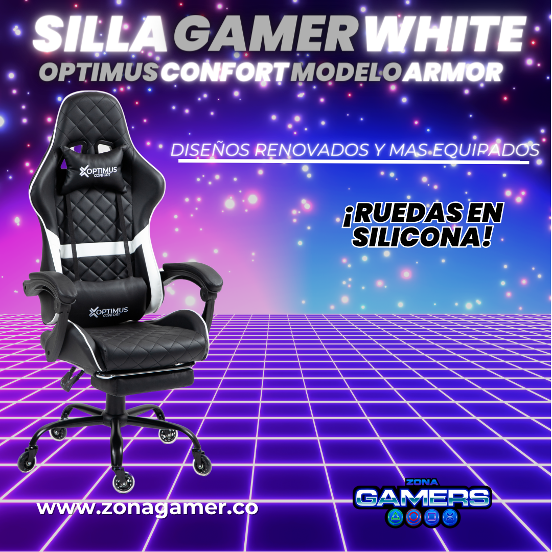 Silla Gamer ARMOR-1039F White con reposapiés y ruedas en silicona