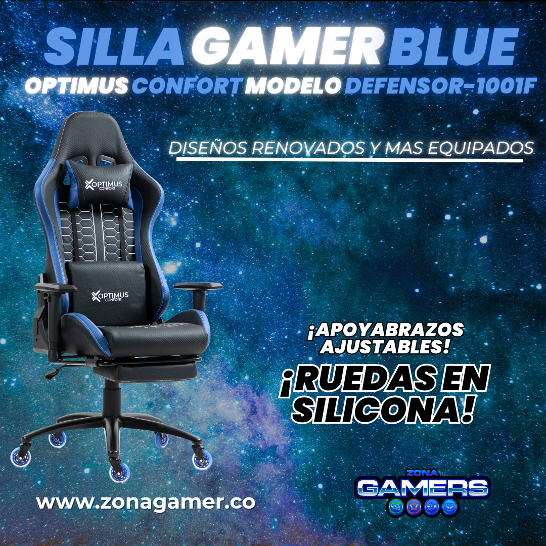 Silla Gamer Defensor-1001F Blue con reposapiés y ruedas en silicona