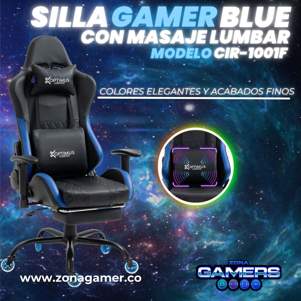 Silla Gamer CIR-1001F Blue + masajeador lumbar con reposapiés y ruedas en silicona
