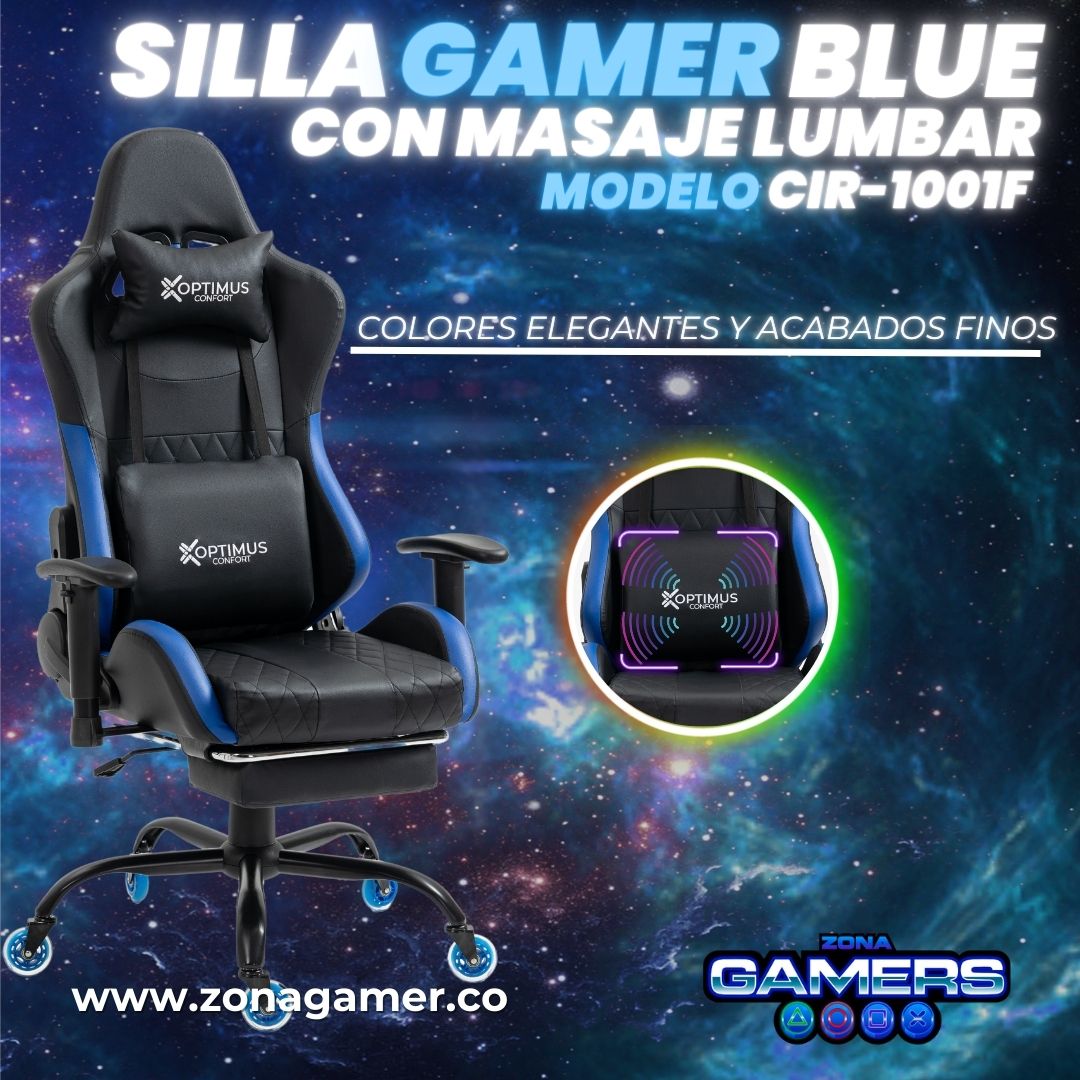 Silla Gamer CIR-1001F Blue + masajeador lumbar con reposapiés y ruedas en silicona