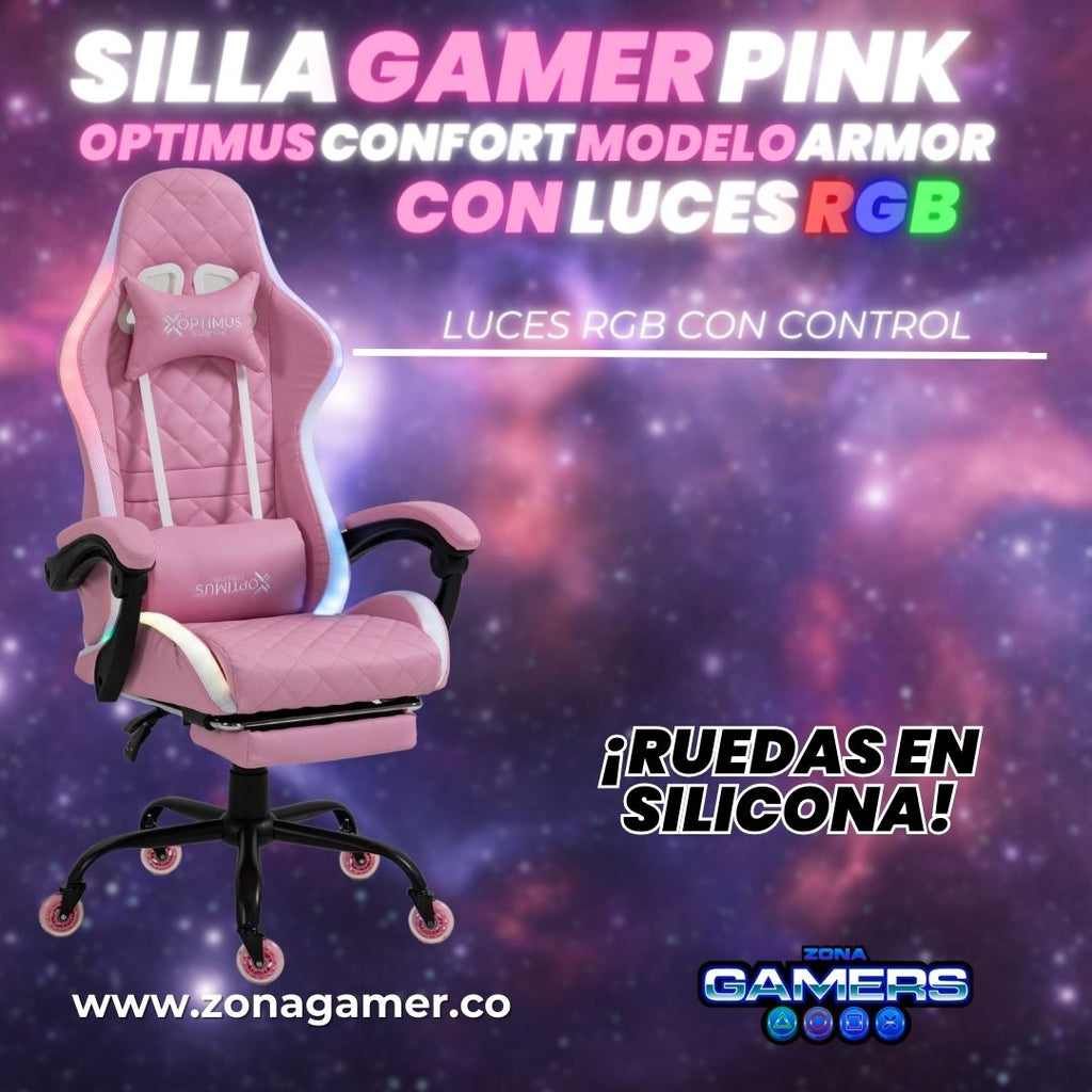 Silla gamer Armor Pink con luces RGB + reposapiés y ruedas en silicona