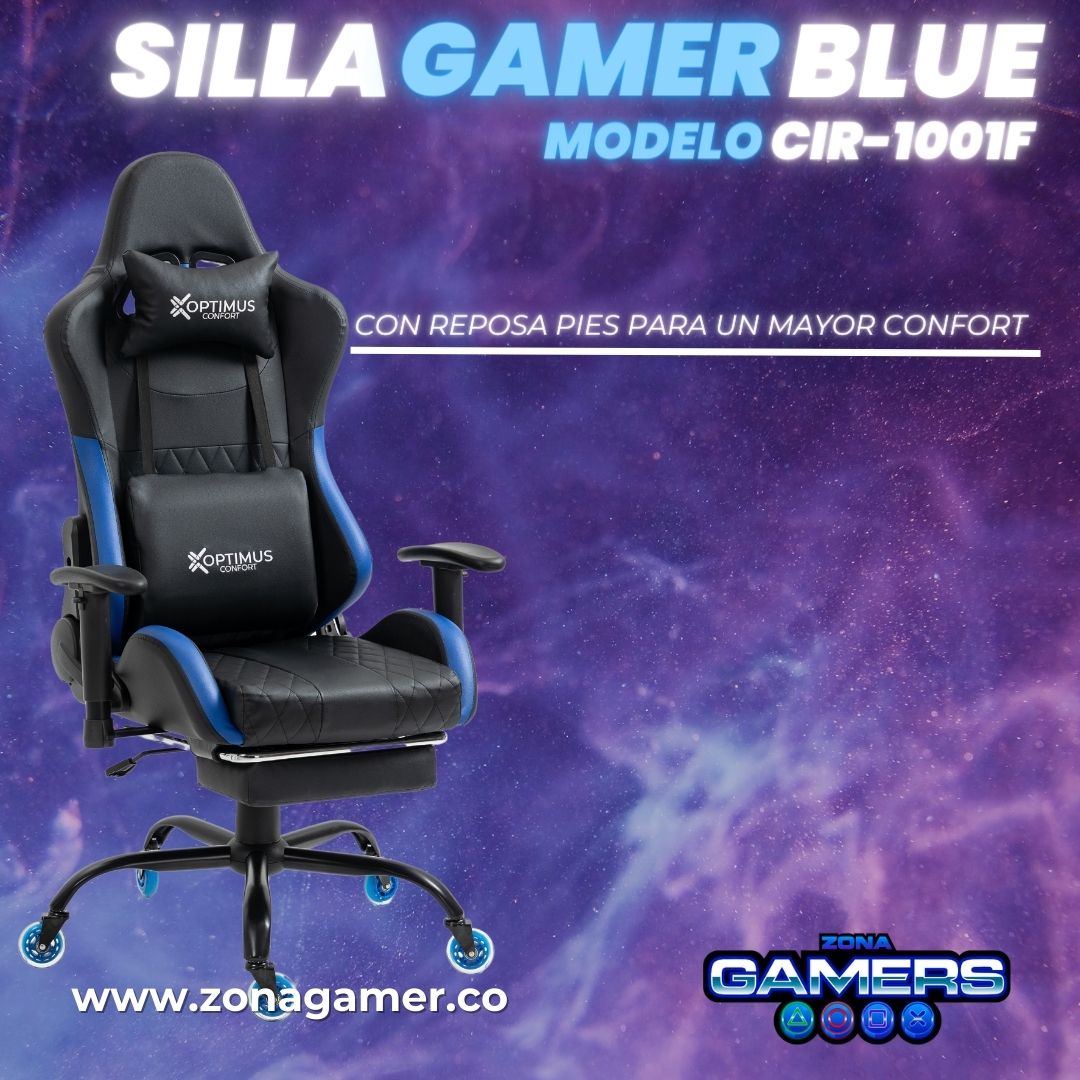 Silla Gamer CIR-1001F Blue con reposapiés y ruedas en silicona