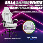 Silla Gamer ARMOR-1039F White + masajeador lumbar con reposapiés y ruedas en silicona