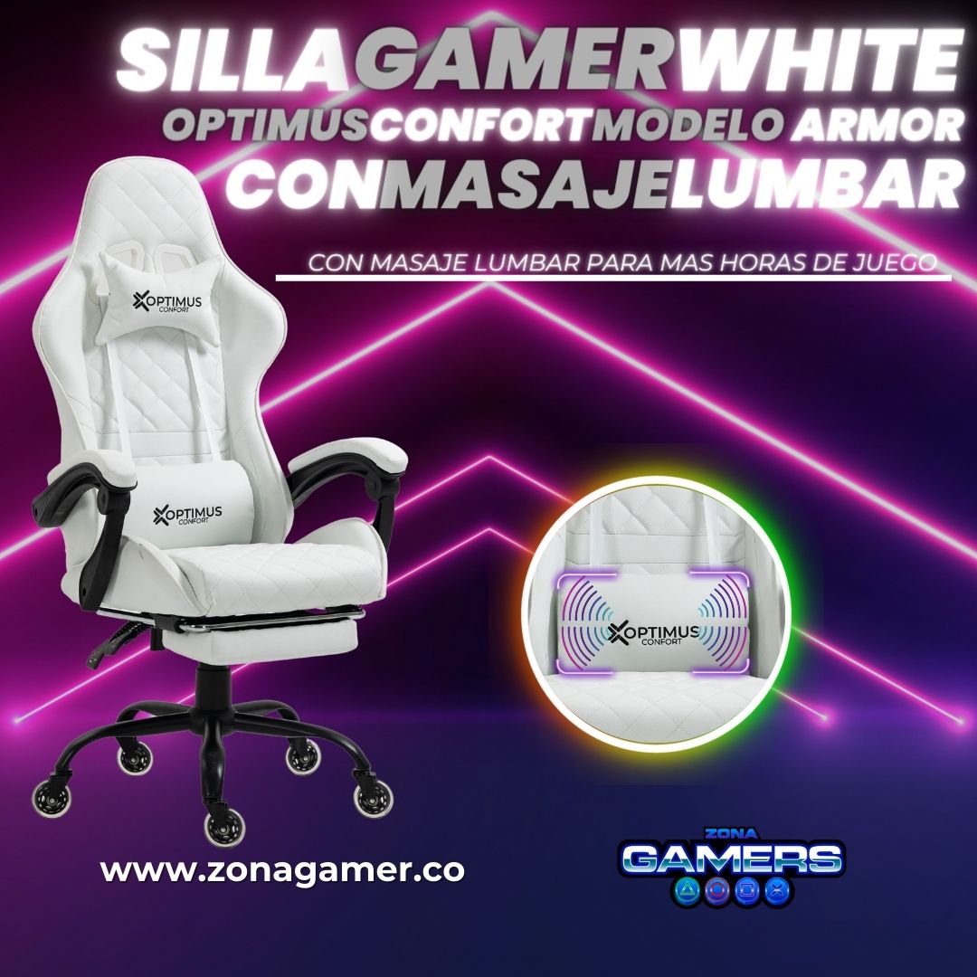 Silla Gamer ARMOR-1039F White + masajeador lumbar con reposapiés y ruedas en silicona