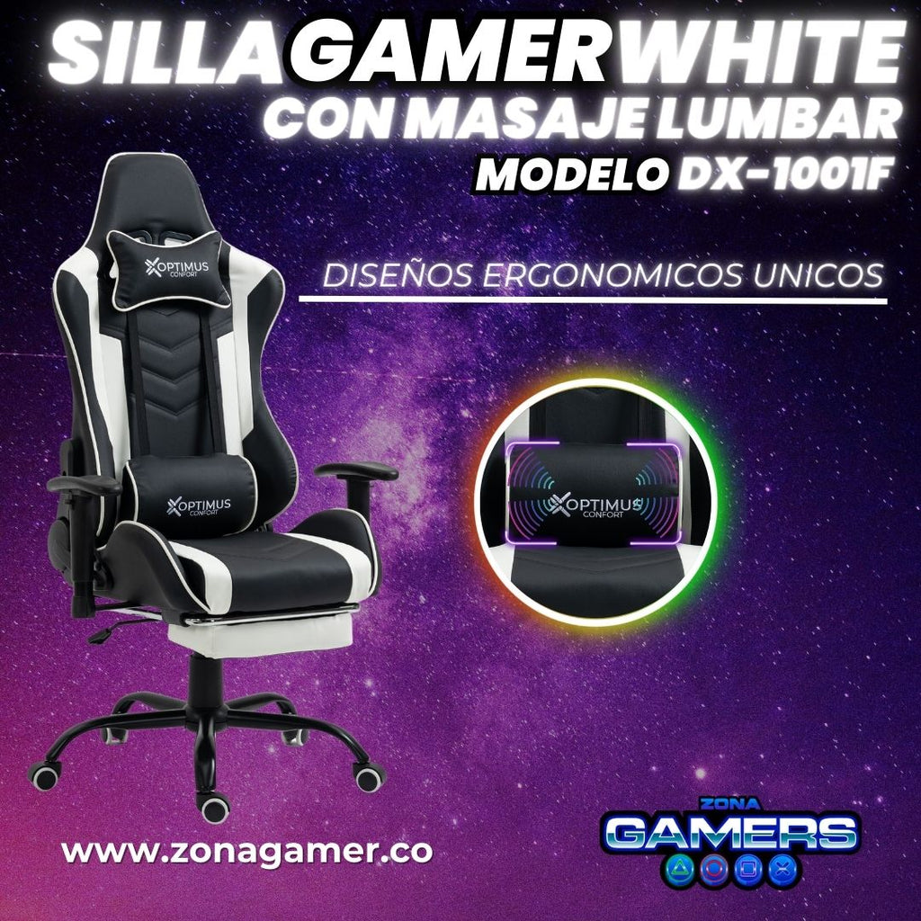 Silla Gamer DX-1001F White con masajeador lumbar y reposapiés incluido
