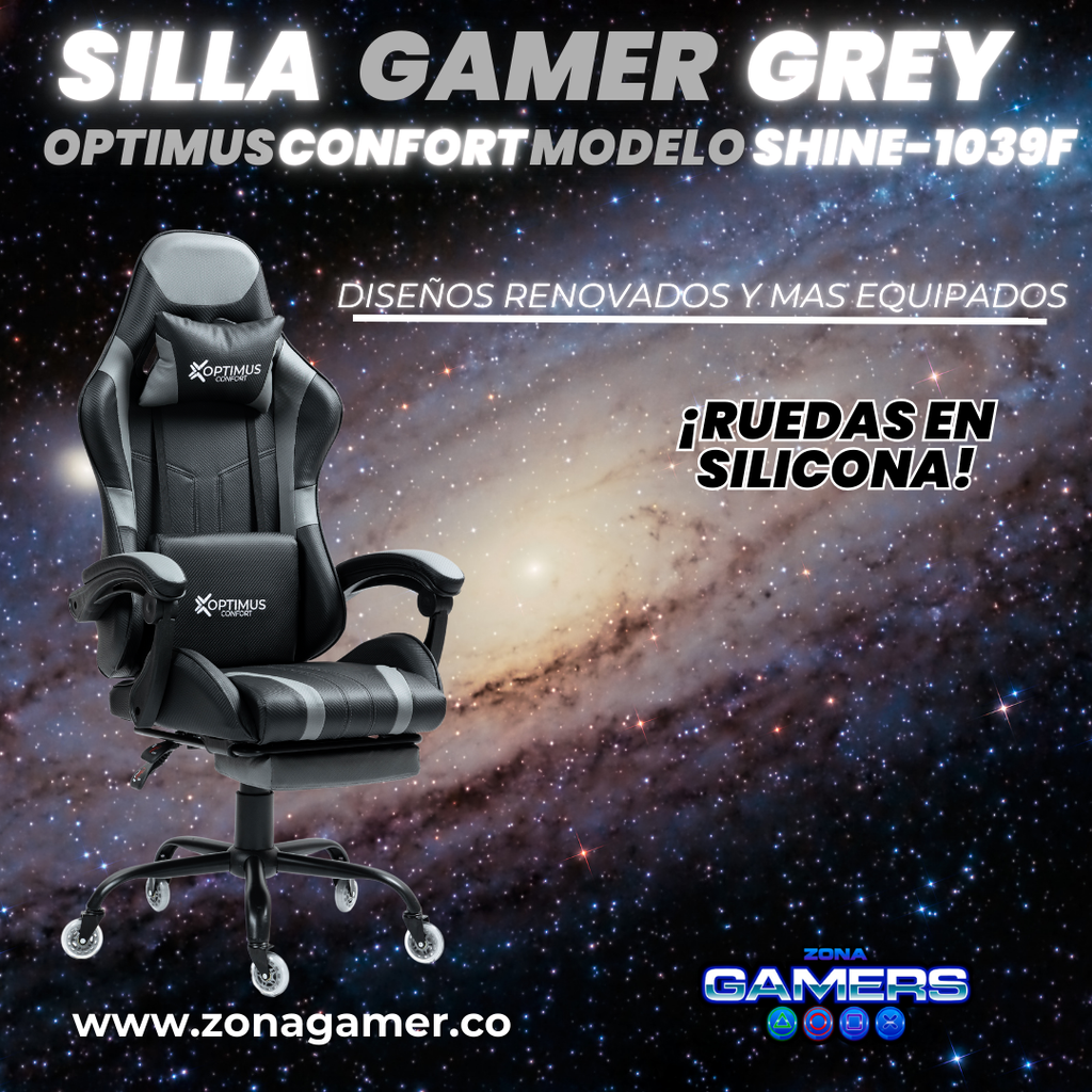 Silla Gamer Shine-1039F Grey con reposapiés y ruedas en silicona