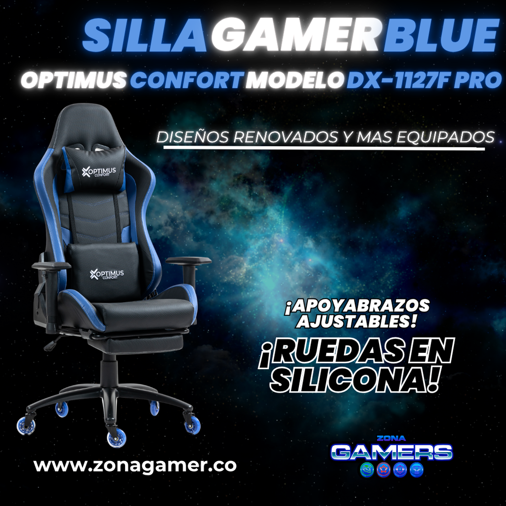 Silla Gamer DX-1127F PRO Blue con reposapiés y ruedas en silicona