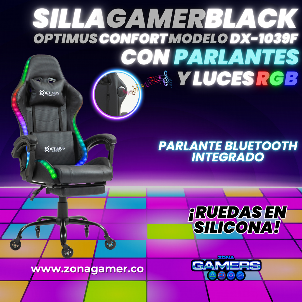 Silla gamer DX-1039F Black con luces RGB + Parlantes + reposapiés y ruedas en silicona