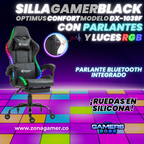 Silla gamer DX-1039F Black con luces RGB + Parlantes + reposapiés y ruedas en silicona