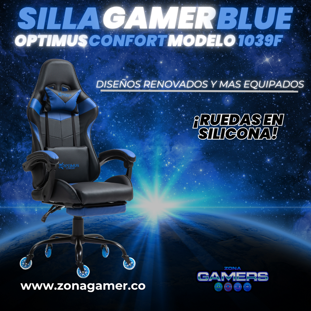 Silla Gamer 1039F Blue con reposapiés y ruedas en silicona