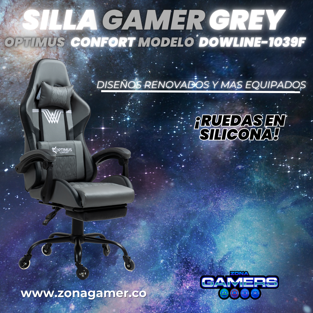 Silla Gamer DOWLINE-1039F Grey con reposapiés y ruedas en silicona