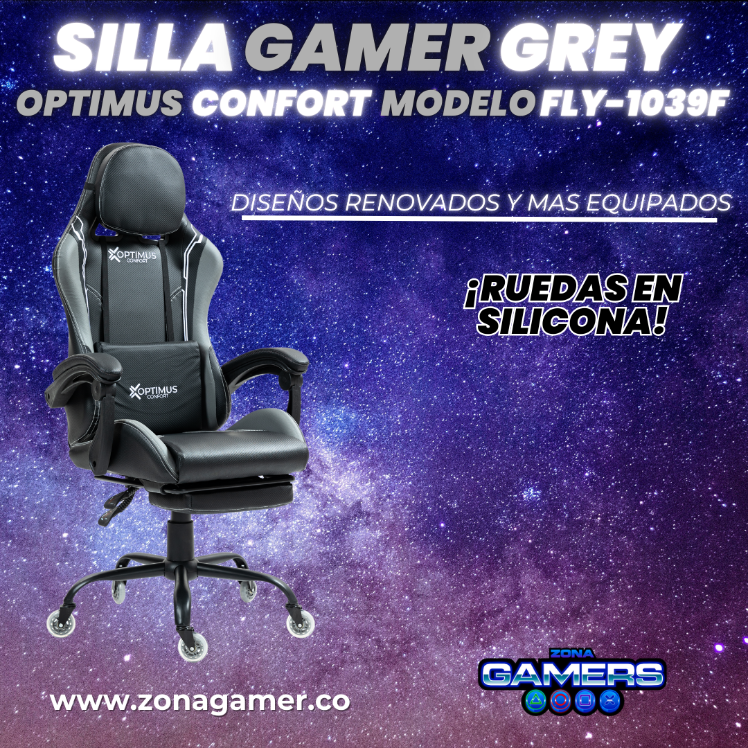 Silla Gamer Fly-1039F Grey con reposapiés y ruedas en silicona
