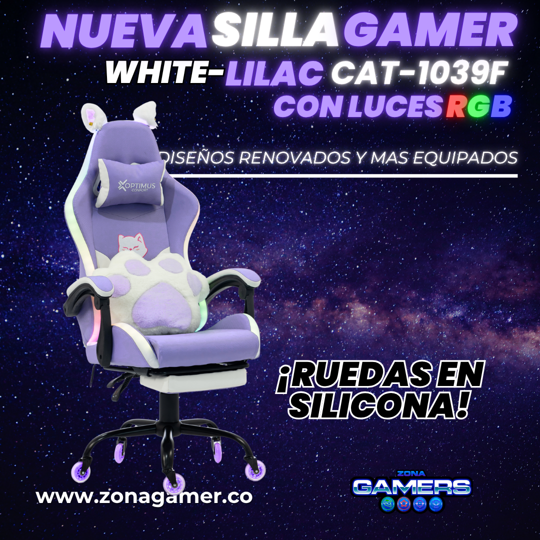 Silla Gamer Cat-1039F + RGB Lilac-White con reposapiés y ruedas en silicona.
