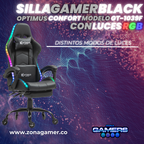 Silla gamer GT-1039F Black con luces RGB + reposapiés y ruedas en silicona