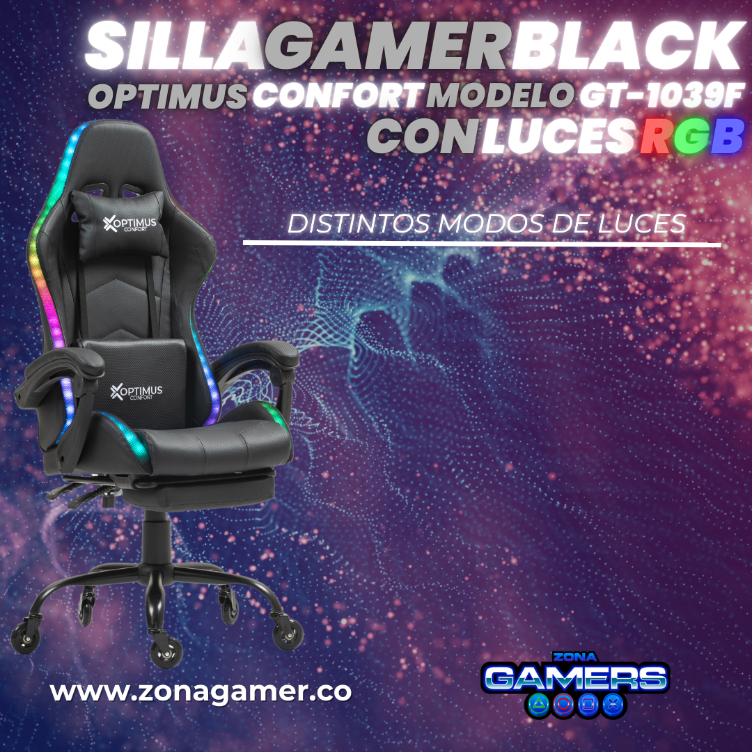 Silla gamer GT-1039F Black con luces RGB + reposapiés y ruedas en silicona