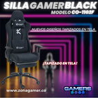 Silla Gamer CO-1102F Black, tapizada en tela con reposapiés y ruedas en silicona