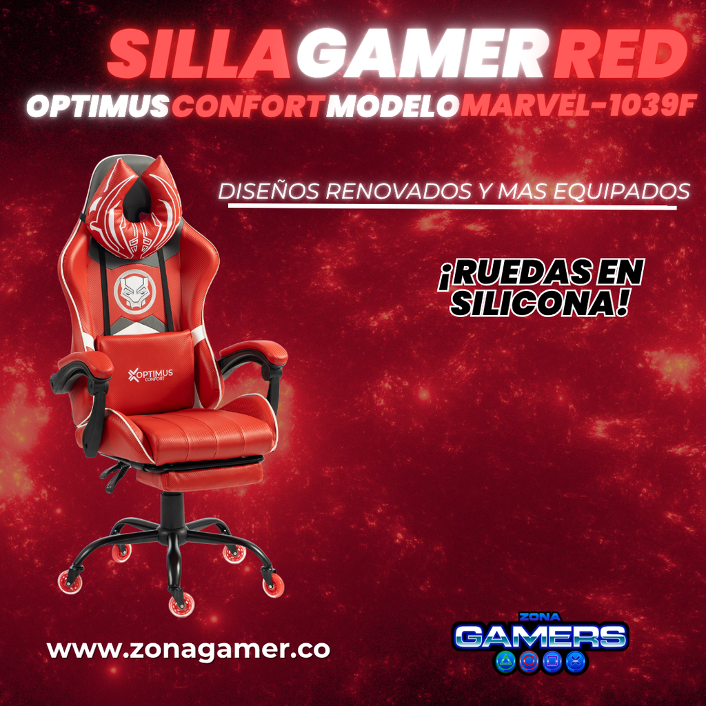 Silla Gamer Marvel-1039F Red con reposapiés y ruedas en silicona.