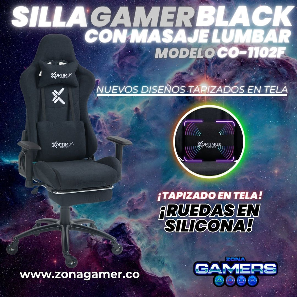 Silla Gamer Black + masajeador lumbar, tapizada en tela con reposapiés y ruedas en silicona