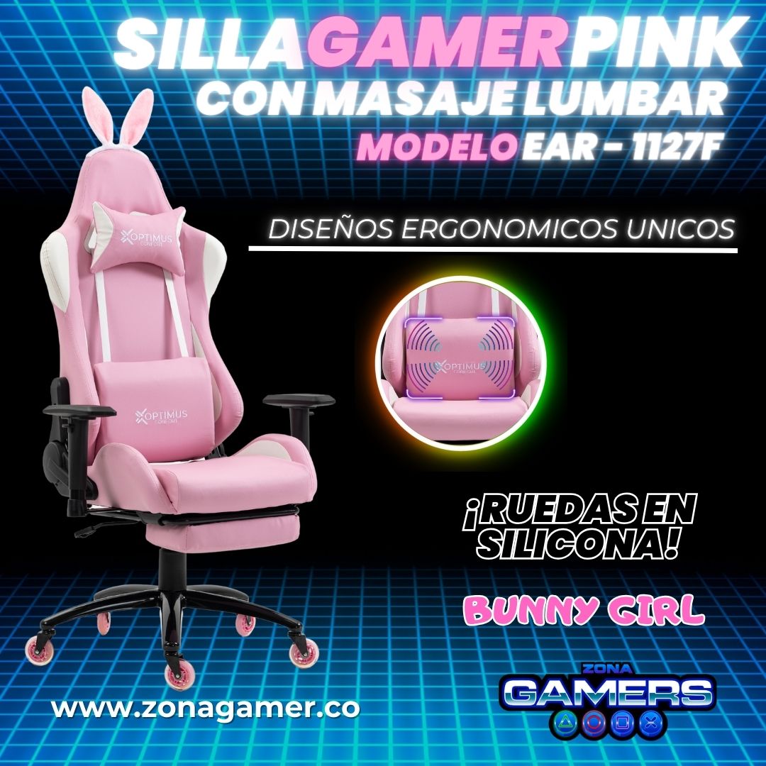 Silla Gamer EAR-1127F + masajeador lumbar con reposapiés incluido y ruedas en silicona