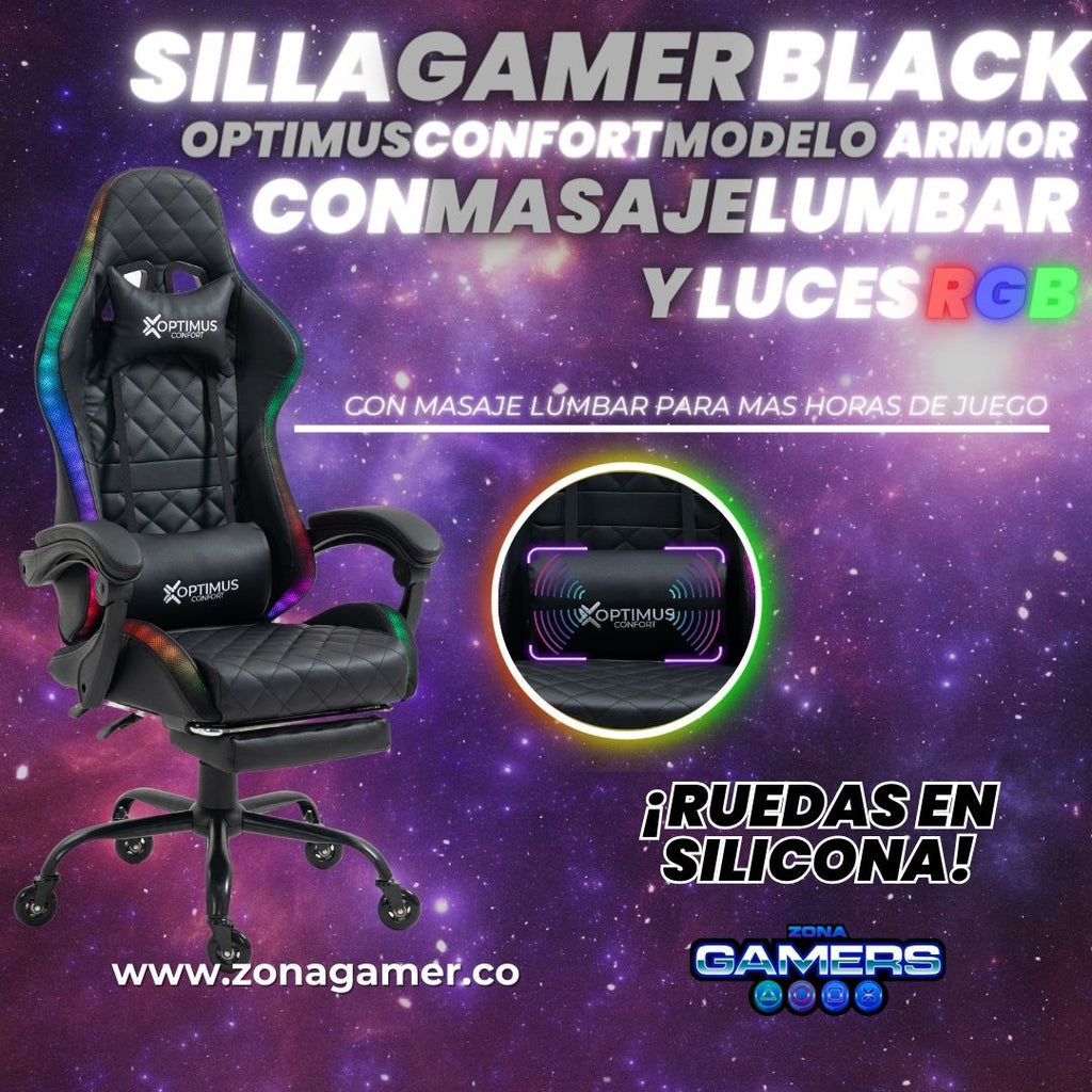 Silla Gamer Armor RGB Black + masajeador lumbar con reposapiés incluido y ruedas en silicona