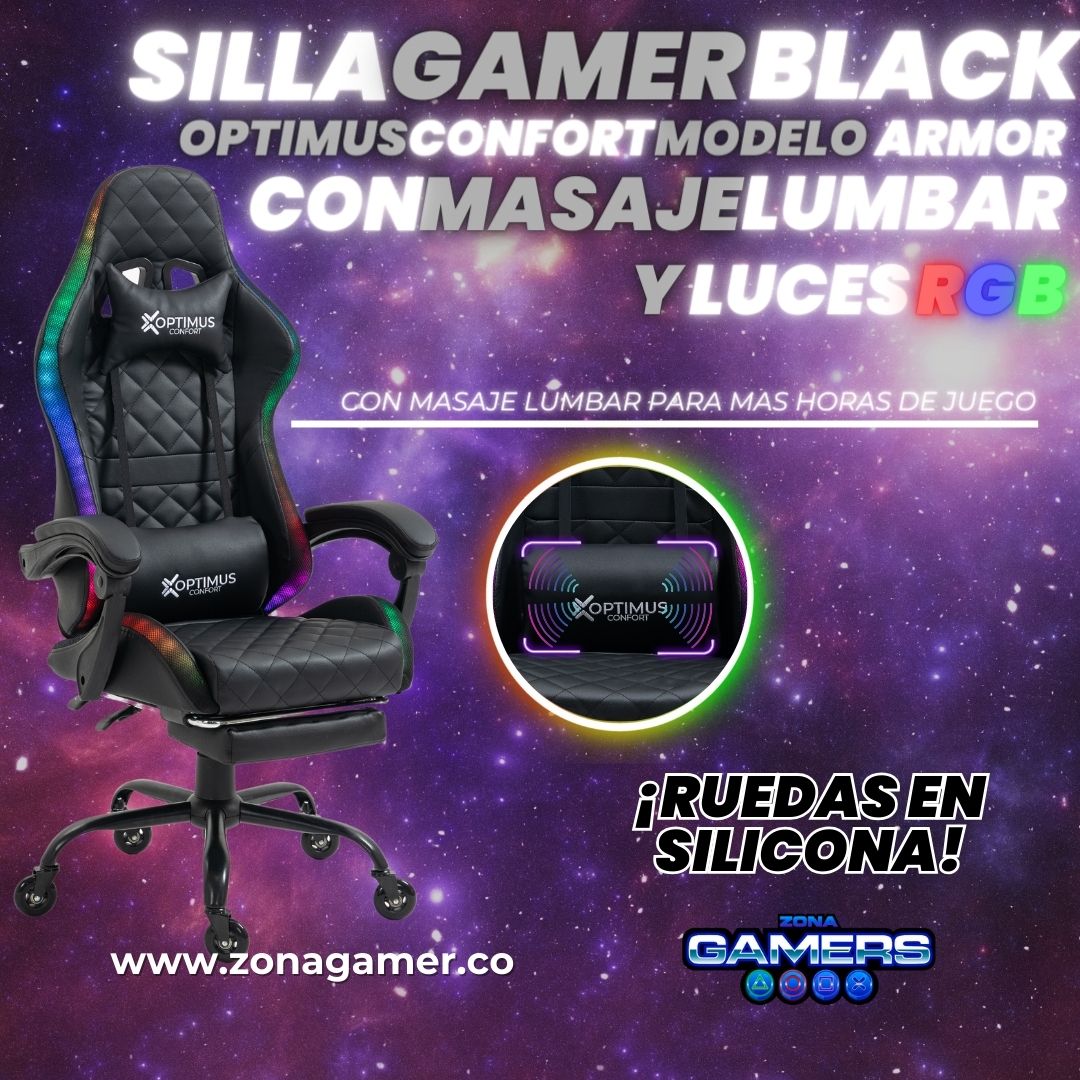 Silla Gamer Armor RGB Black + masajeador lumbar con reposapiés incluido y ruedas en silicona
