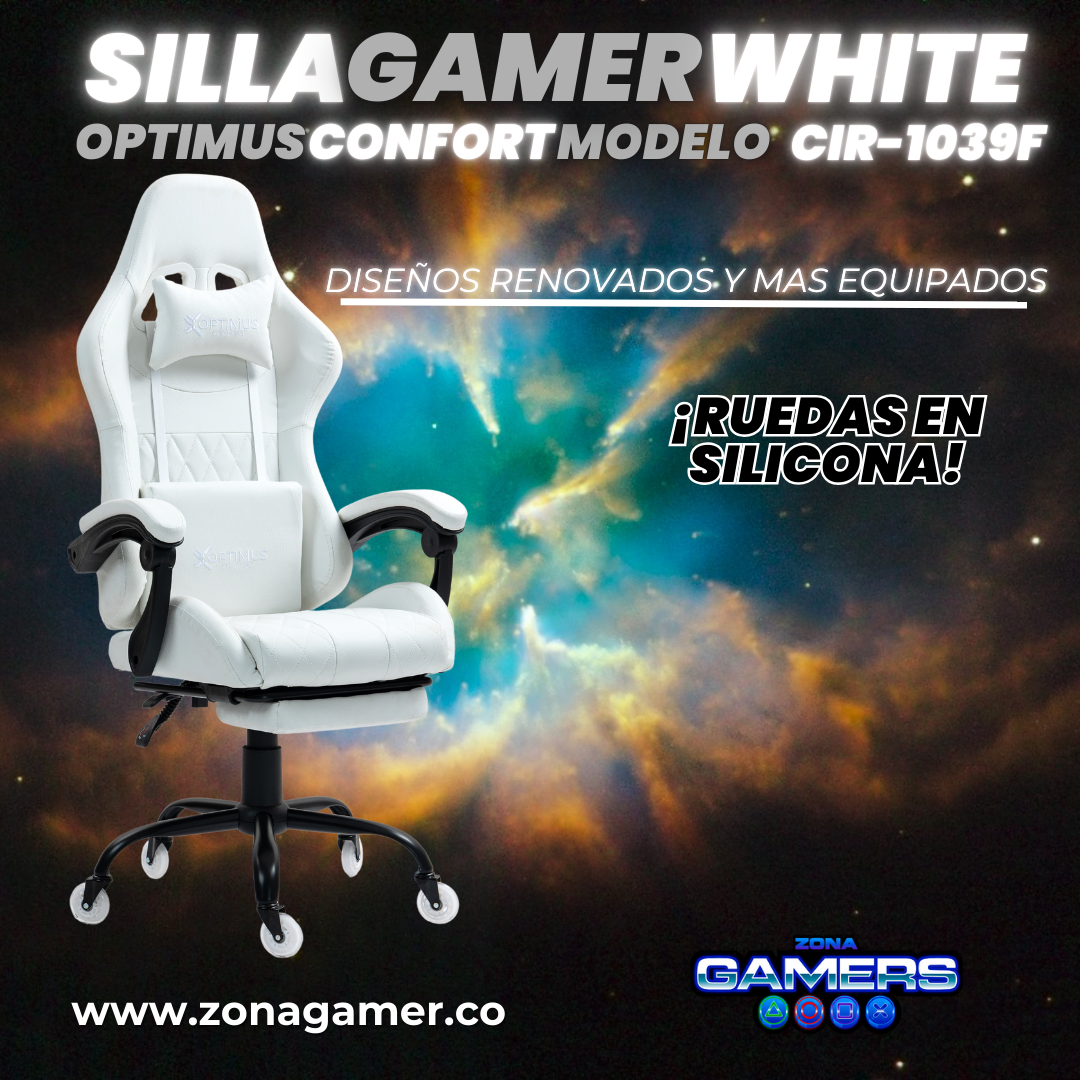 Silla Gamer CIR-1039F White con reposapiés y ruedas en silicona