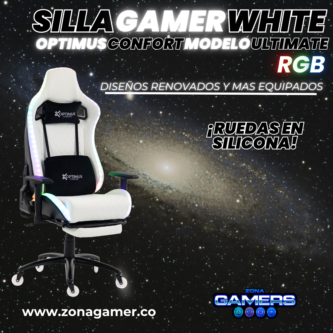 Silla gamer ULTIMATE White con luces RGB + reposapiés y ruedas en silicona