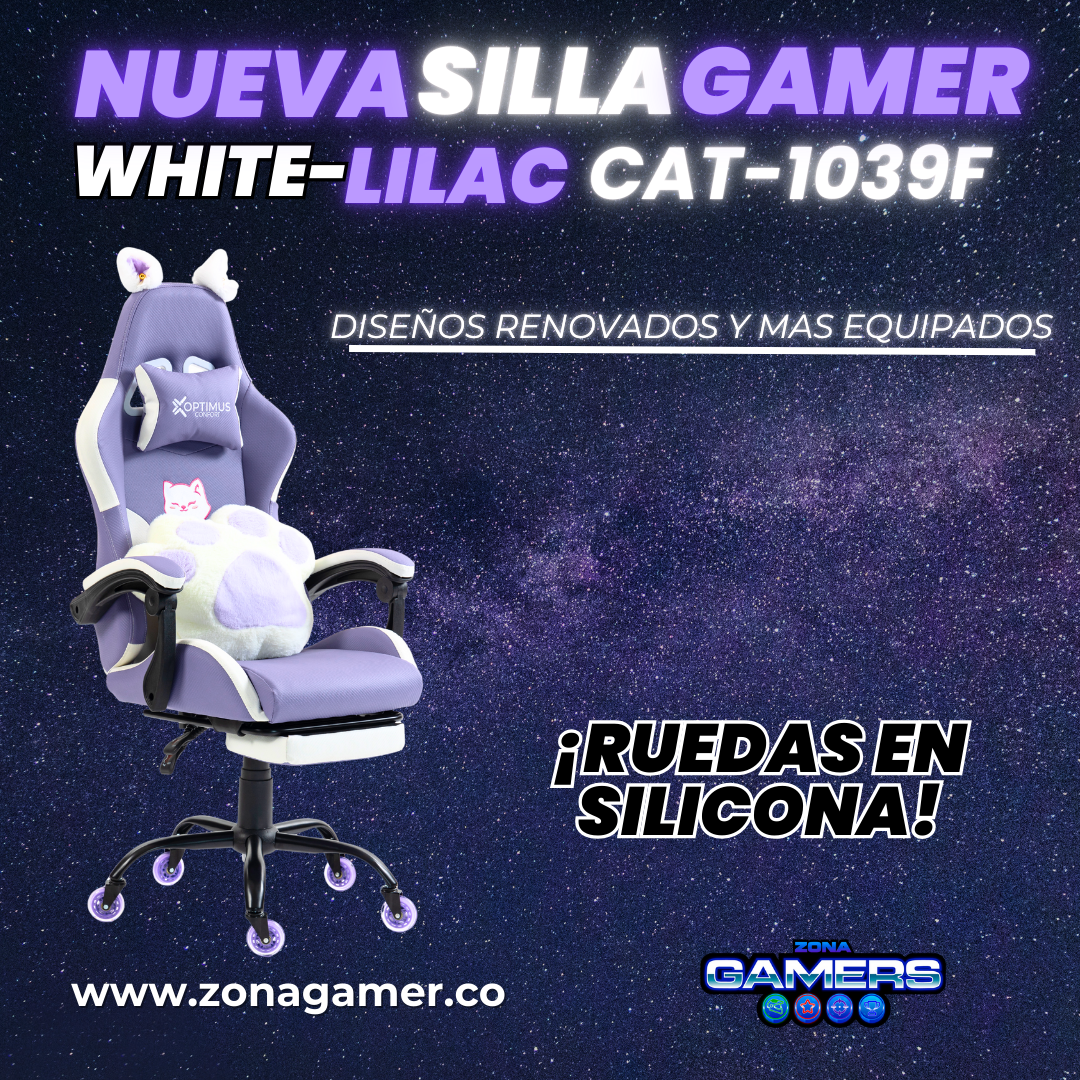 Silla Gamer Cat-1039F White-Lilac con reposapiés y ruedas en silicona.