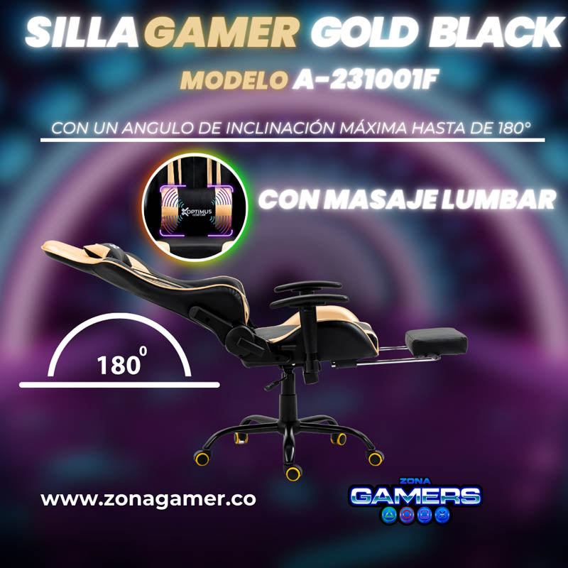 Silla Gamer A231001F Gold Black con masajeador lumbar y reposapies incluido