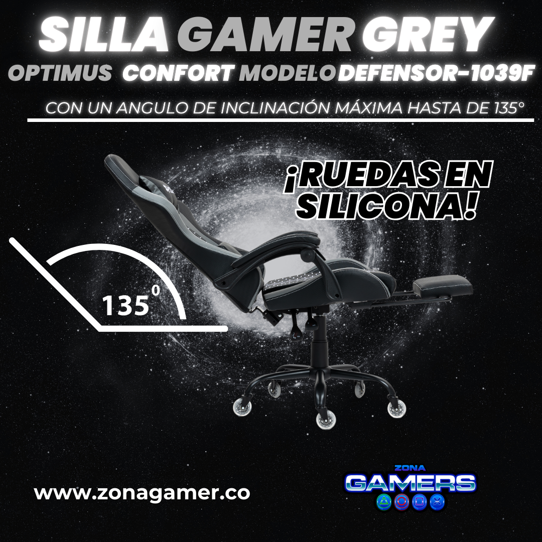 Silla Gamer Defensor-1039F Grey con reposapiés y ruedas en silicona