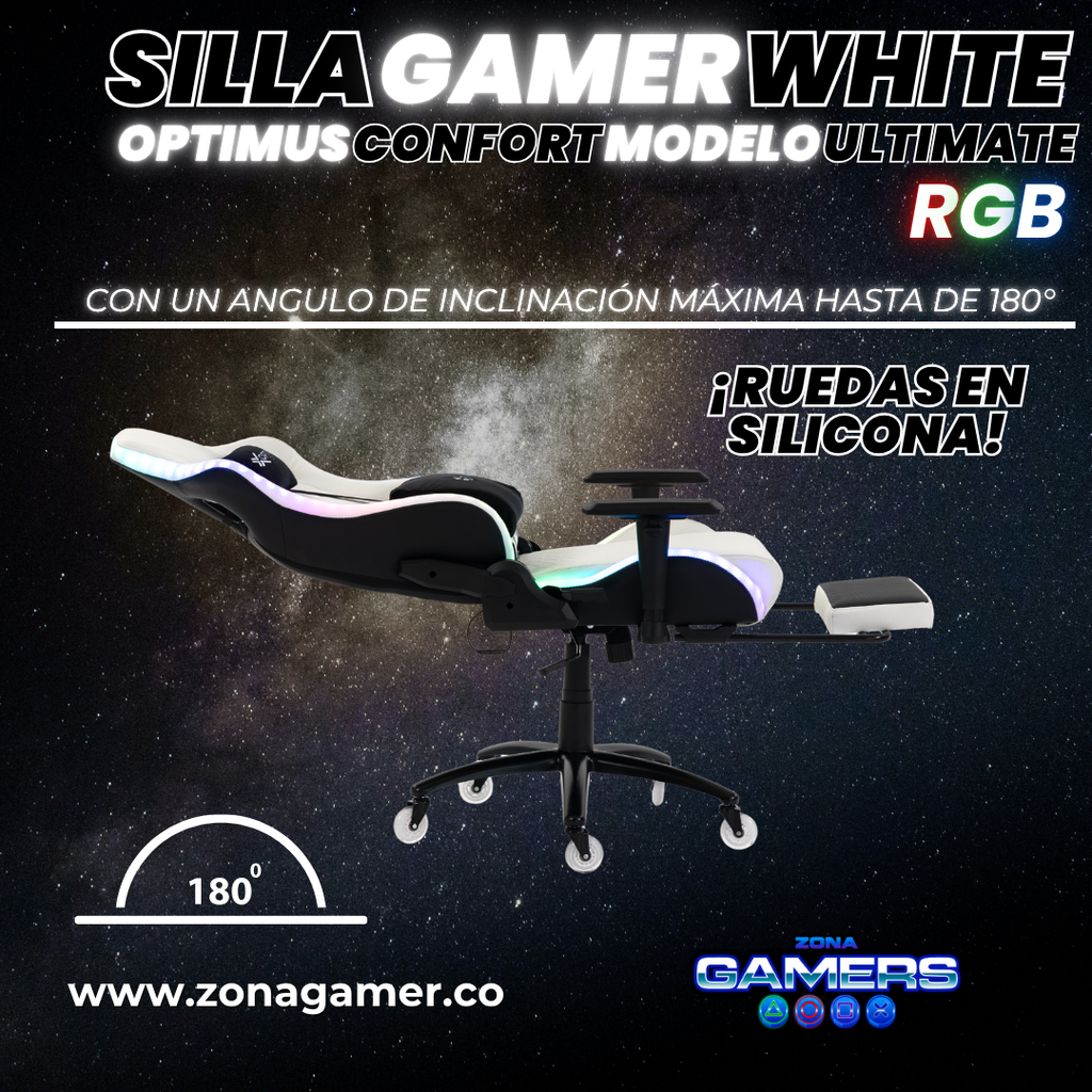 Silla gamer ULTIMATE White con luces RGB + reposapiés y ruedas en silicona