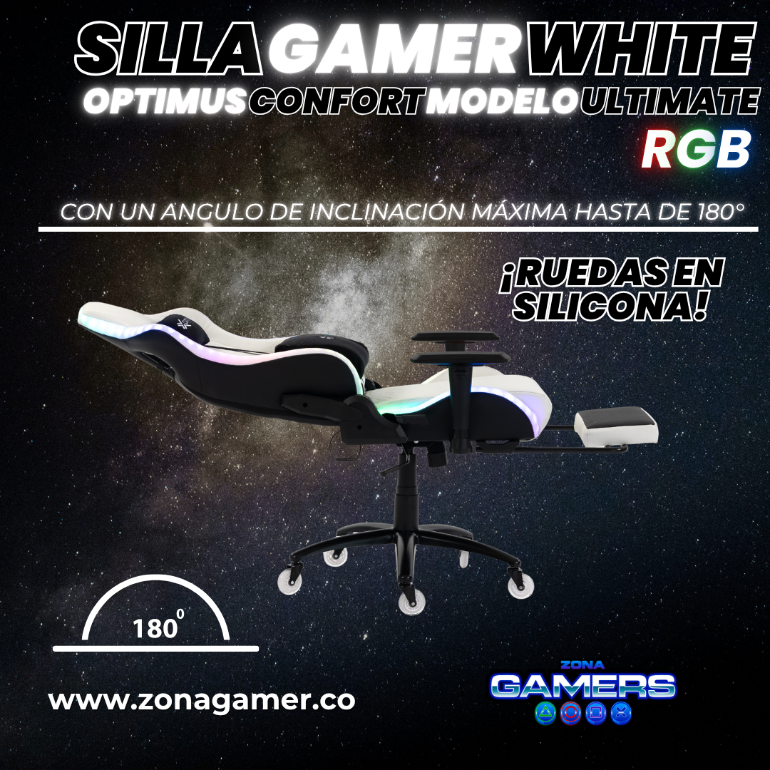 Silla gamer ULTIMATE White con luces RGB + reposapiés y ruedas en silicona