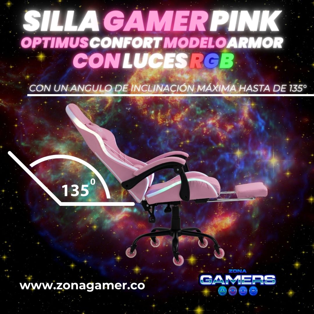 Silla gamer Armor Pink con luces RGB + reposapiés y ruedas en silicona