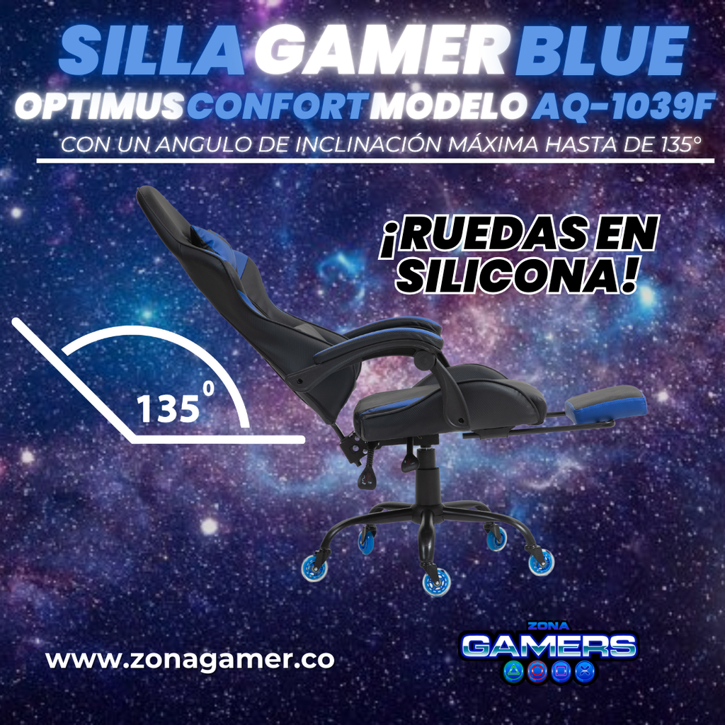 Silla Gamer AQ-1039F Blue con reposapiés y ruedas en silicona