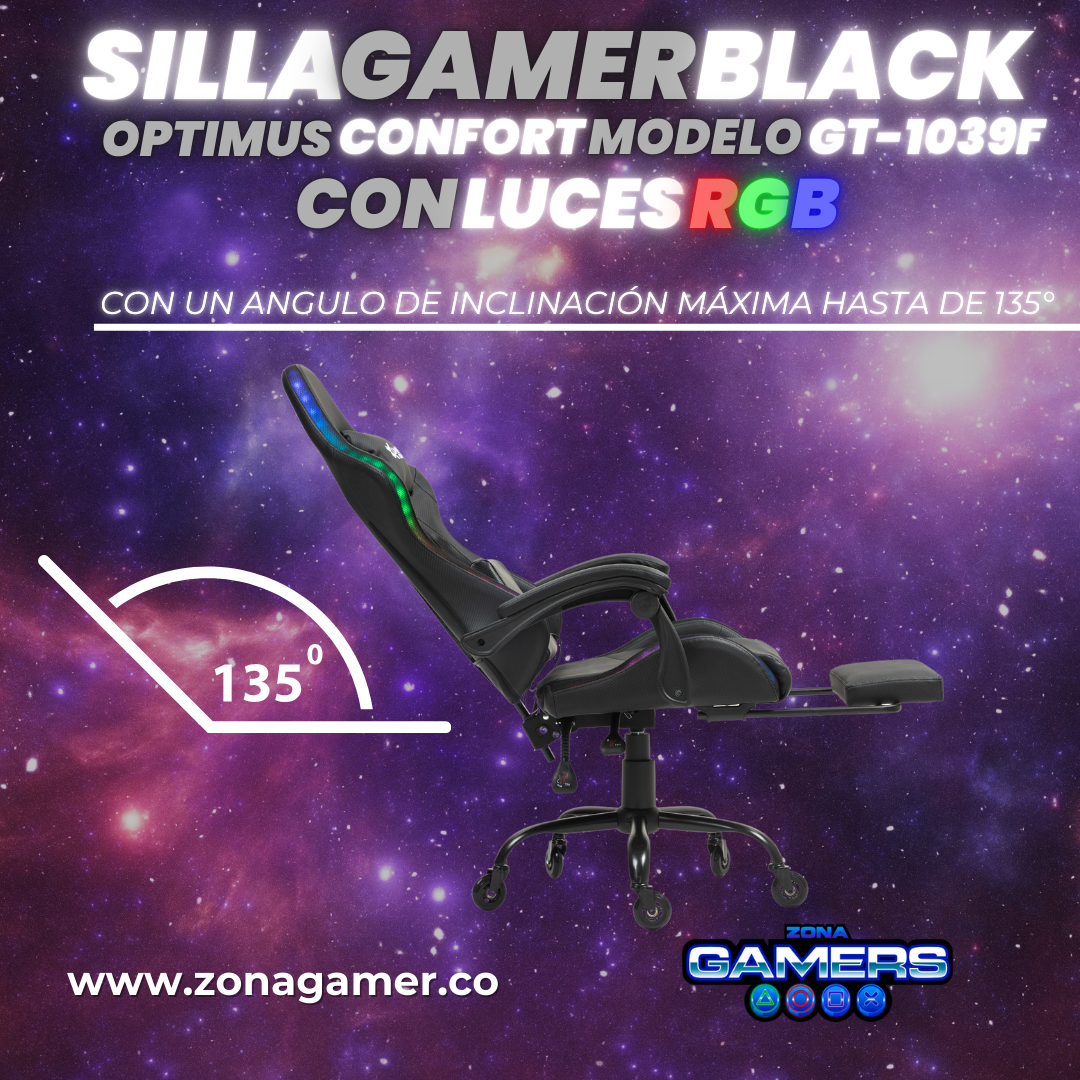 Silla gamer GT-1039F Black con luces RGB + reposapiés y ruedas en silicona