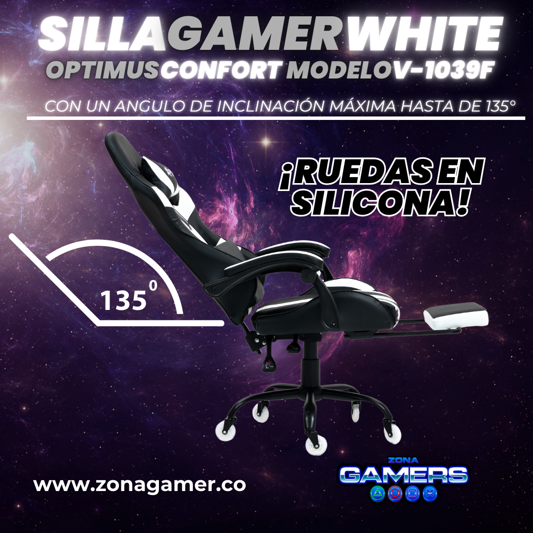 Silla Gamer V-1039F White con reposapiés y ruedas en silicona