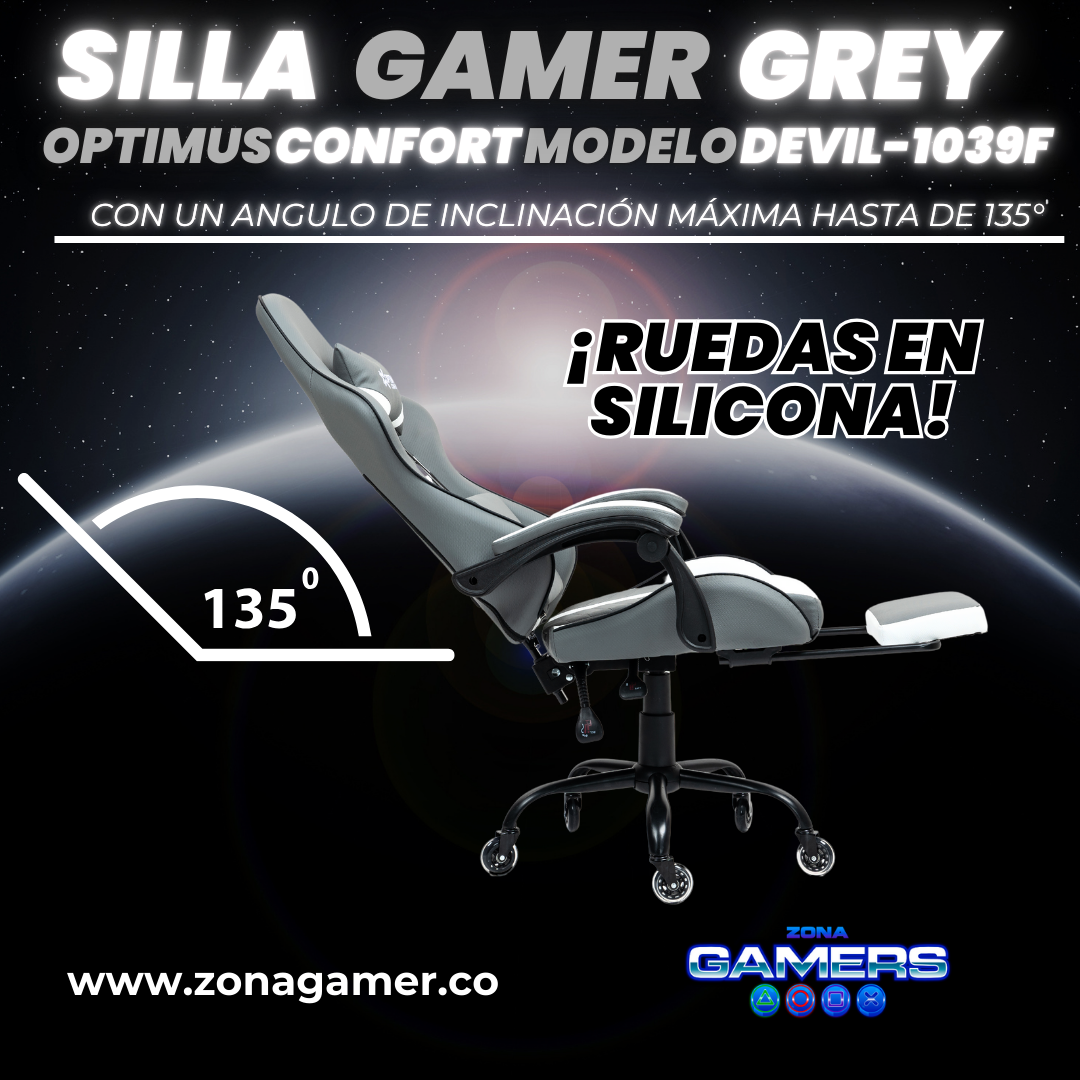 Silla Gamer Devil-1039F Grey con reposapiés y ruedas en silicona