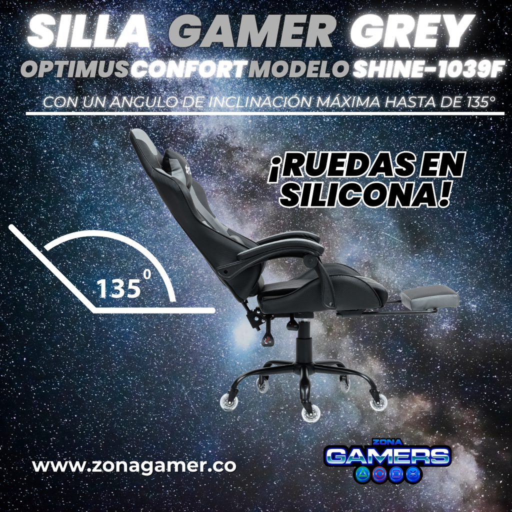 Silla Gamer Shine-1039F Grey con reposapiés y ruedas en silicona