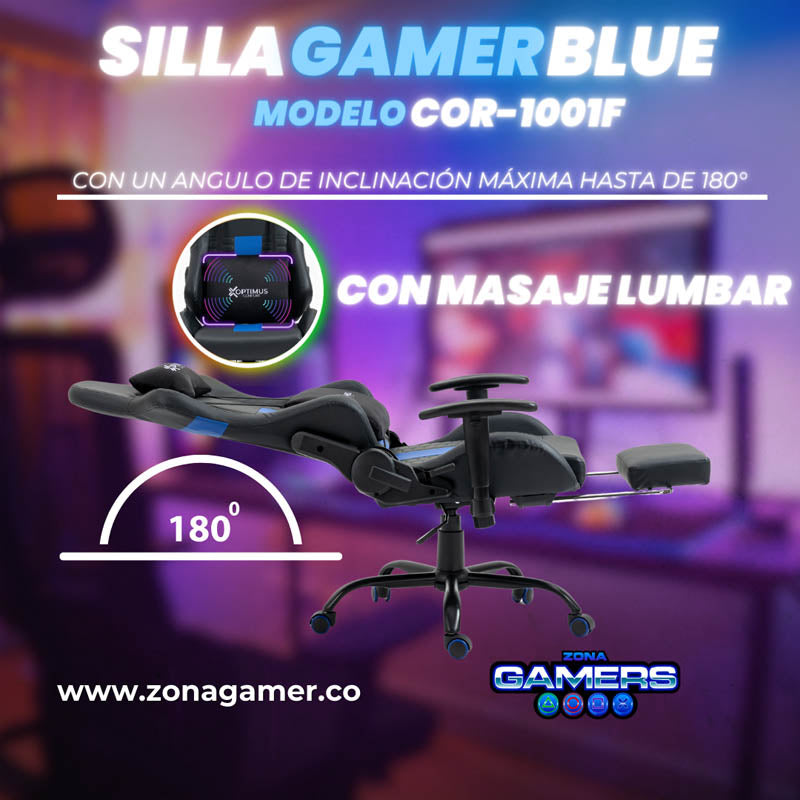 Silla Gamer COR-1001F Blue con masajeador lumbar y reposapiés incluido