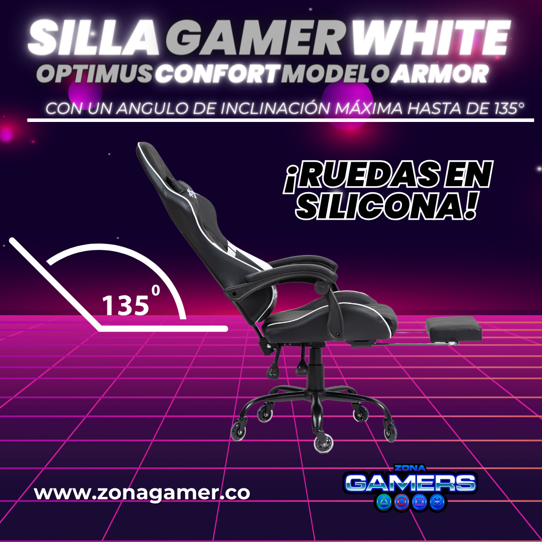 Silla Gamer ARMOR-1039F White con reposapiés y ruedas en silicona