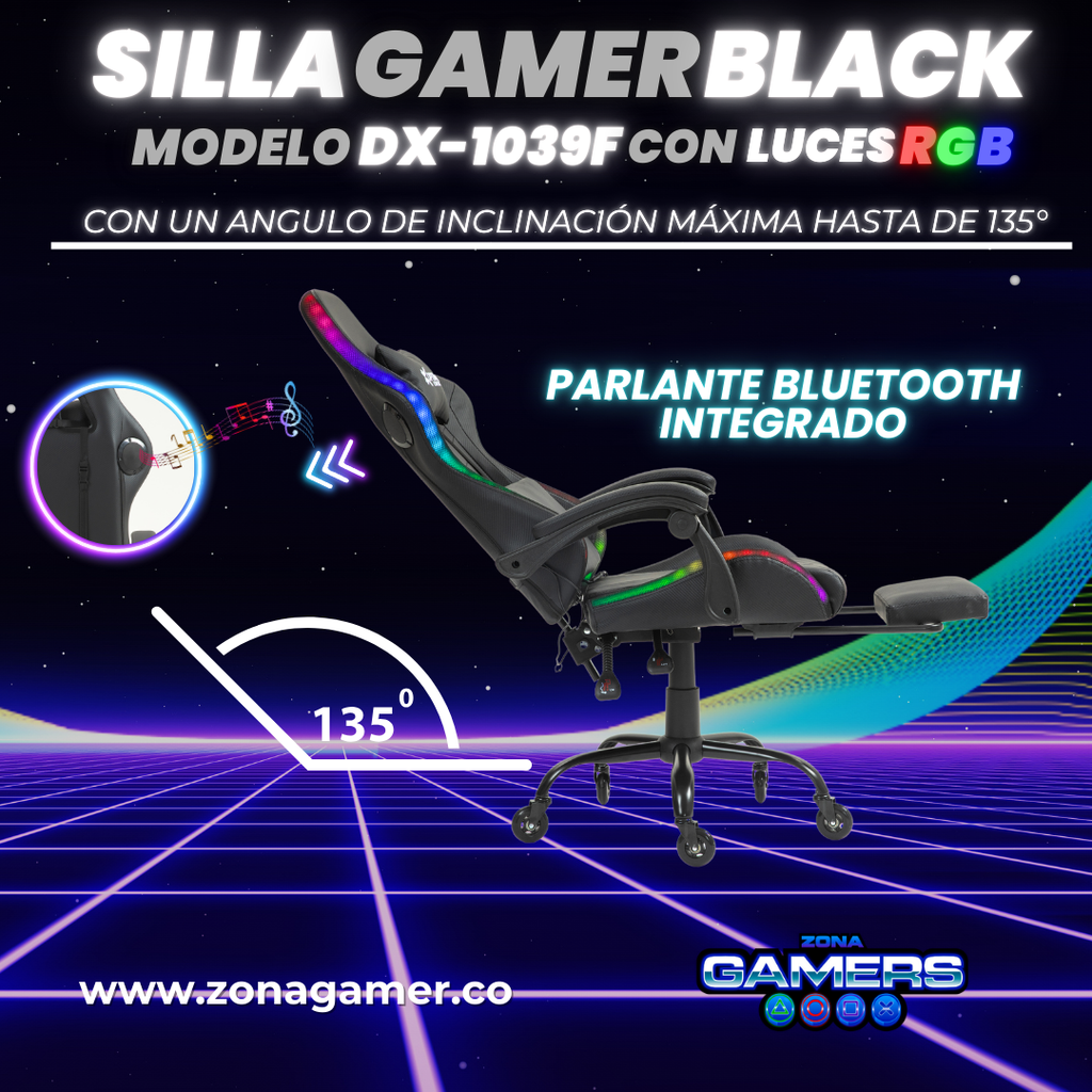 Silla gamer DX-1039F Black con luces RGB + Parlantes + reposapiés y ruedas en silicona