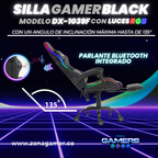 Silla gamer DX-1039F Black con luces RGB + Parlantes + reposapiés y ruedas en silicona