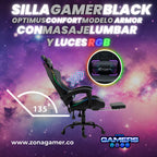 Silla Gamer Optimus confort Armor RGB Black con masajeador lumbar y reposapiés incluido