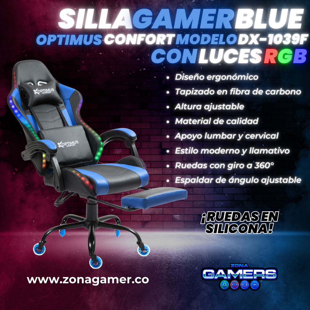 Silla gamer DX-1039F Blue con luces RGB + reposapiés y ruedas en silicona