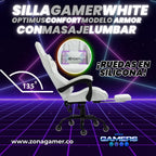 Silla Gamer ARMOR-1039F White + masajeador lumbar con reposapiés y ruedas en silicona
