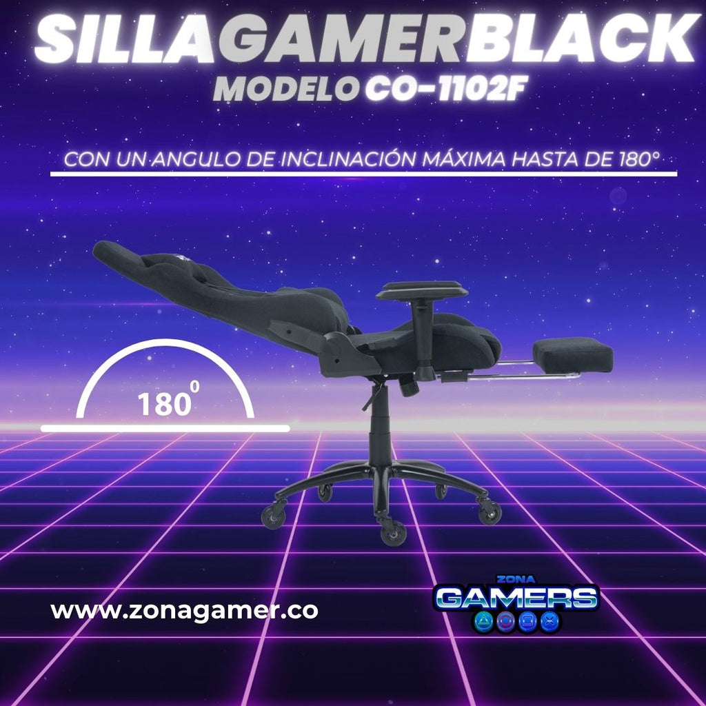 Silla Gamer CO-1102F Black, tapizada en tela con reposapiés y ruedas en silicona