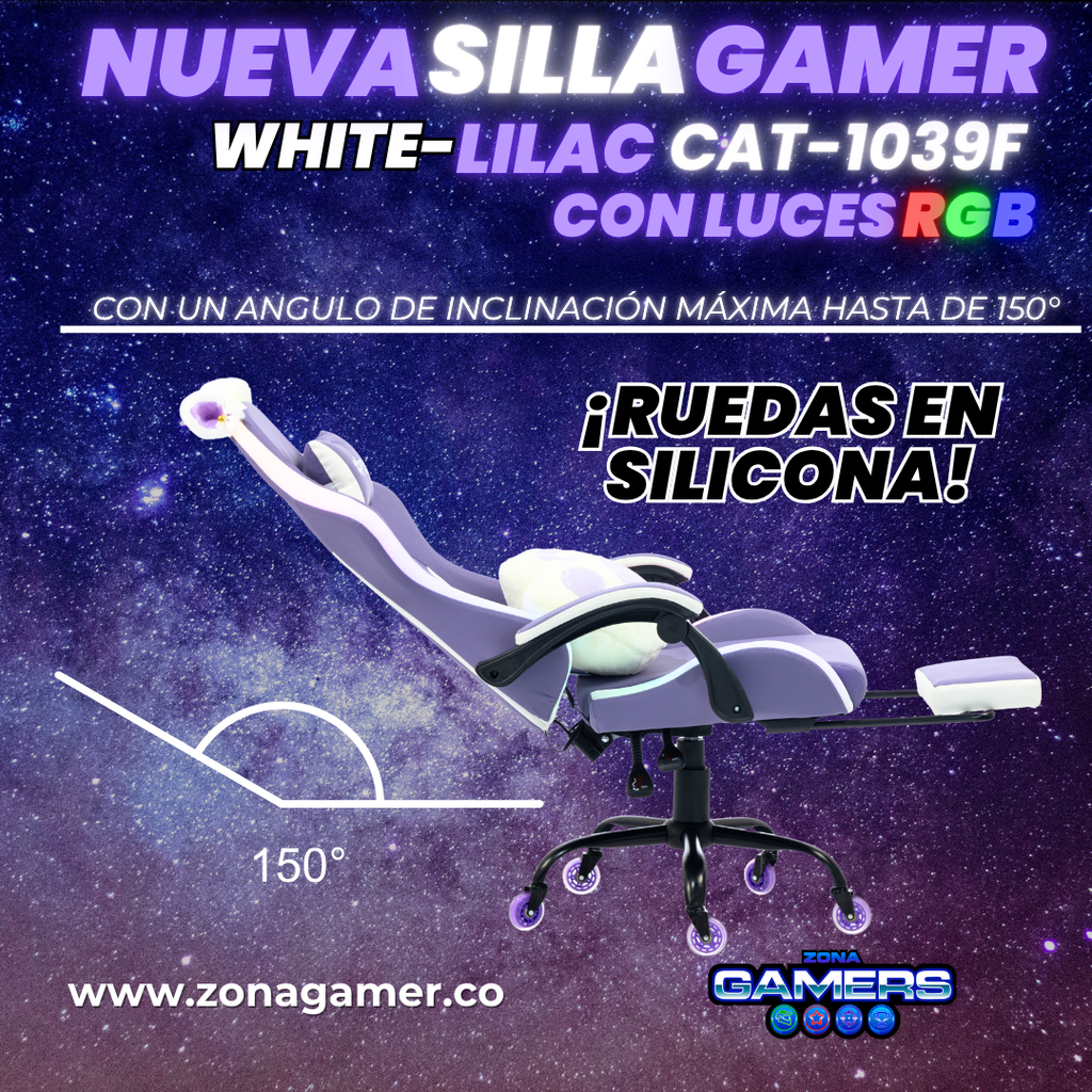 Silla Gamer Cat-1039F + RGB Lilac-White con reposapiés y ruedas en silicona.