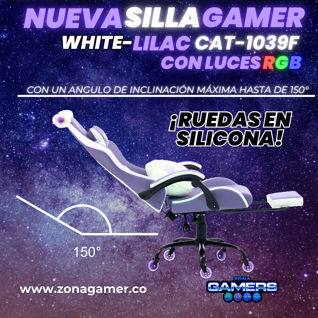 Silla Gamer Cat-1039F + RGB Lilac-White con reposapiés y ruedas en silicona.