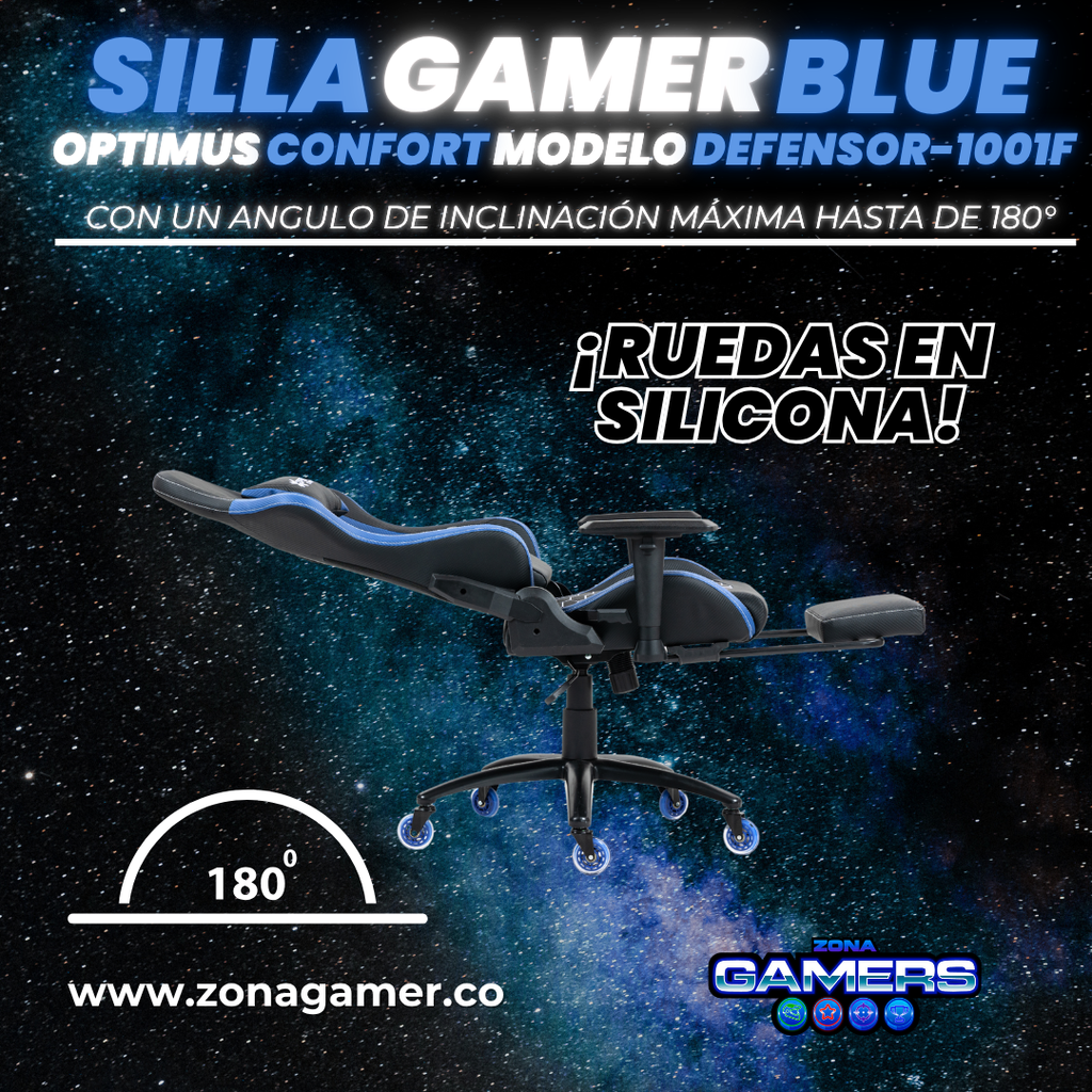 Silla Gamer Defensor-1001F Blue con reposapiés y ruedas en silicona