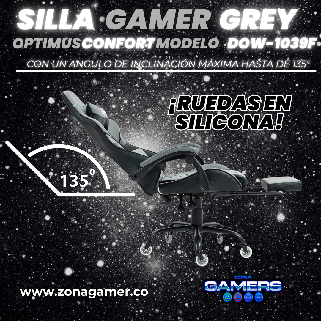 Silla Gamer DOW-1039F Grey con reposapiés y ruedas en silicona
